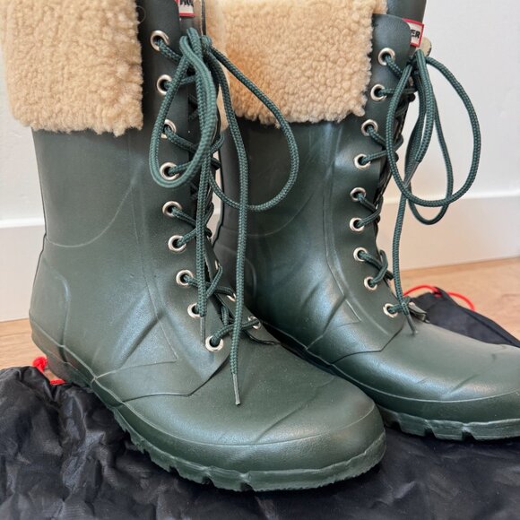 Hunter Adley Lace-Up Boots – Green Waterproof Rubber with Shearling Trim, Size 9 - Picture 9 of 9